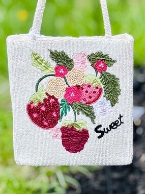 Sweet Strawberry Beaded Mini Tote – Handmade Statement Bag